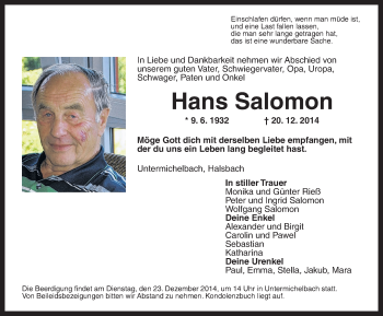 Traueranzeige von Hans Salomon von Dinkelsbühl/ Feuchtwangen