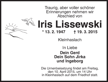 Traueranzeige von Iris Lissewski von Ansbach