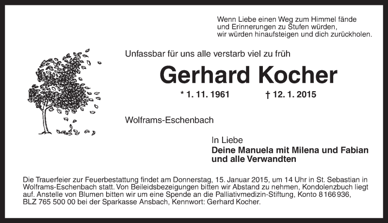  Traueranzeige für Gerhard Kocher vom 13.01.2015 aus Ansbach