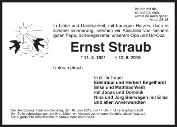 Traueranzeige von Ernst Straub von Dinkelsbühl/ Feuchtwangen