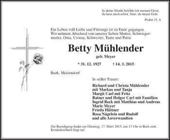 Traueranzeige von Betty Mühlender von Dinkelsbühl/ Feuchtwangen