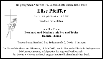 Traueranzeige von Elise Pfeiffer von Rothenburg