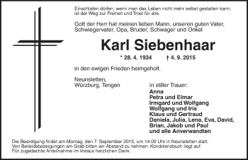 Traueranzeige von Karl Siebenhaar von Ansbach