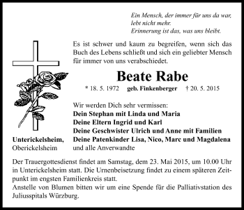 Traueranzeige von Beate Rabe von Neustadt/ Scheinfeld/ Uffenheim