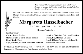Traueranzeige von Margareta Hasselbacher von Neustadt/ Scheinfeld/ Uffenheim