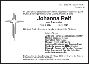Traueranzeige von Johanna Reif von Ansbach