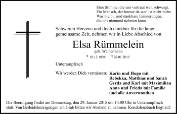 Traueranzeige von Elsa Rümmelein von Dinkelsbühl/ Feuchtwangen