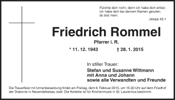 Traueranzeige von Friedrich Rommel von Ansbach