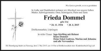 Traueranzeige von Frieda Dommel von Dinkelsbühl/ Feuchtwangen