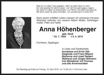 Traueranzeige von Anna Höhenberger von Dinkelsbühl/ Feuchtwangen