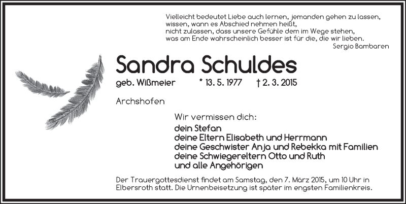  Traueranzeige für Sandra Schuldes vom 06.03.2015 aus Dinkelsbühl/ Feuchtwangen