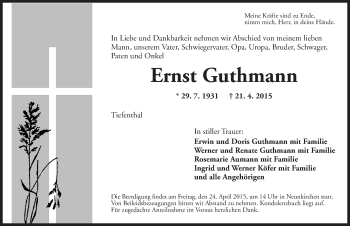 Traueranzeige von Ernst Guthmann von Ansbach