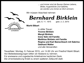 Traueranzeige von Bernhard Birklein von Neustadt/ Scheinfeld/ Uffenheim