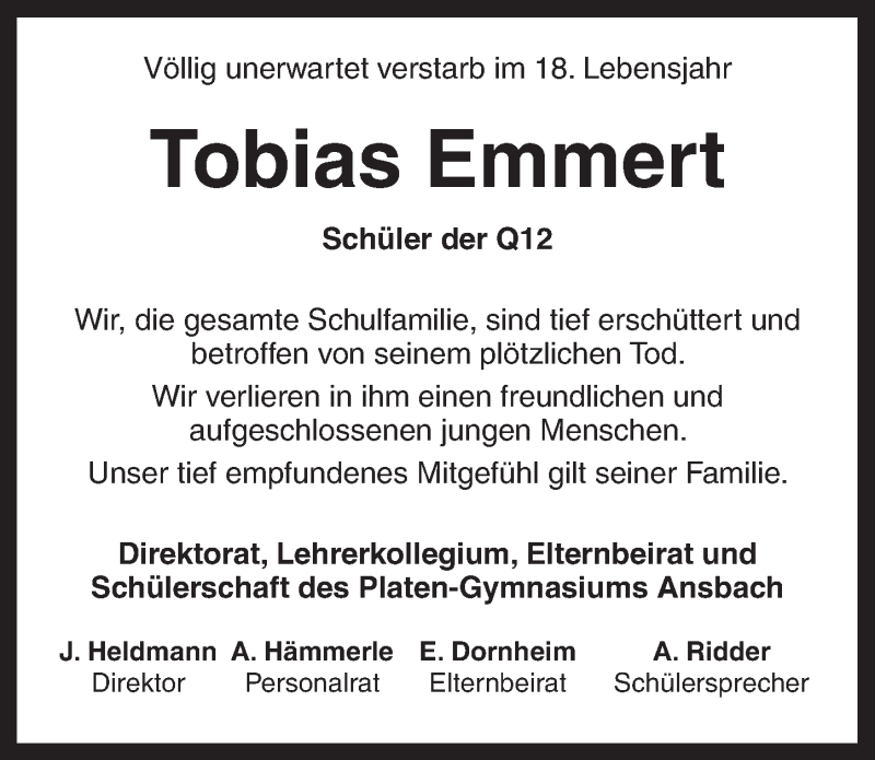  Traueranzeige für Tobias Emmert vom 06.01.2015 aus Ansbach