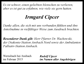 Traueranzeige von Irmgard Cipcer von Ansbach