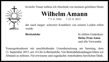 Traueranzeige von Wilhelm Amann von Neustadt/ Scheinfeld/ Uffenheim