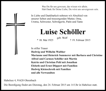 Traueranzeige von Luise Schöller von Rothenburg