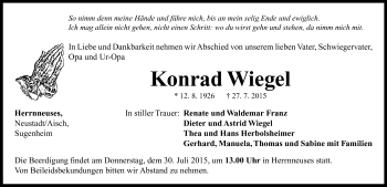 Traueranzeige von Konrad Wiegel von Neustadt/ Scheinfeld/ Uffenheim