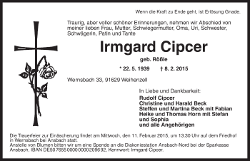 Traueranzeige von Irmgard Cipcer von Ansbach