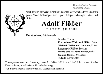 Traueranzeige von Adolf Flößer von Neustadt/ Scheinfeld/ Uffenheim