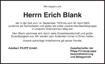 Traueranzeige von Erich Blank von Ansbach