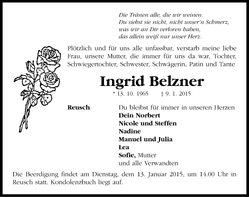  Traueranzeige für Ingrid Belzner vom 12.01.2015 aus Neustadt/ Scheinfeld/ Uffenheim