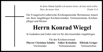 Traueranzeige von Konrad Wiegel von Neustadt/ Scheinfeld/ Uffenheim