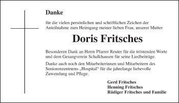 Traueranzeige von Doris Fritsches von Ansbach