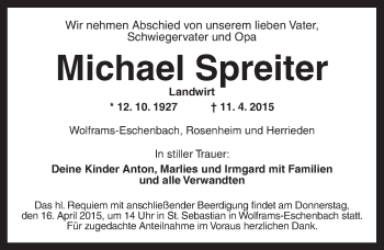 Traueranzeige von Michael Spreiter von Ansbach