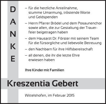 Traueranzeige von Kreszentia Gebert von Dinkelsbühl/ Feuchtwangen