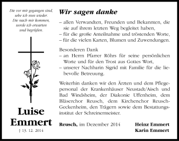 Traueranzeige von Luise Emmert von Neustadt/ Scheinfeld/ Uffenheim