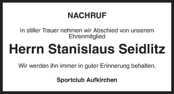 Traueranzeige von Stanislaus Seidlitz von Dinkelsbühl/ Feuchtwangen