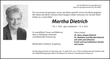 Traueranzeige von Martha Dietrich von Dinkelsbühl/ Feuchtwangen