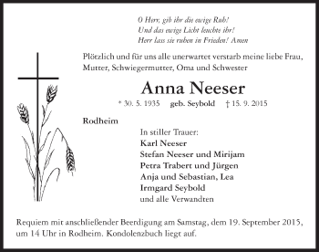 Traueranzeige von Anna Neeser von Neustadt/ Scheinfeld/ Uffenheim