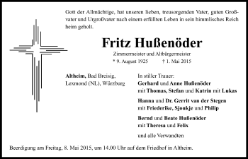 Traueranzeige von Fritz Hußenöder von Neustadt/ Scheinfeld/ Uffenheim
