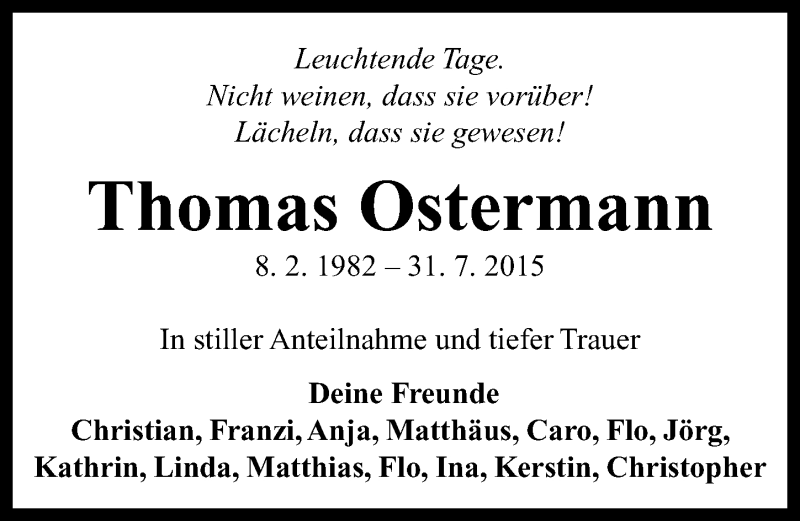  Traueranzeige für Thomas Ostermann vom 12.08.2015 aus Neustadt/ Scheinfeld/ Uffenheim