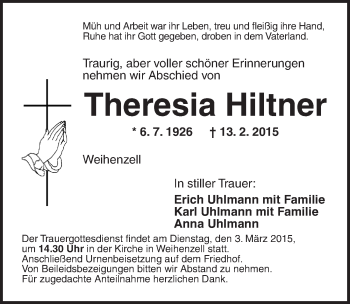 Traueranzeige von Theresia Hiltner von Ansbach