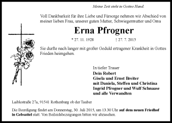 Traueranzeige von Erna Pfrogner von Rothenburg