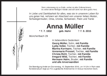 Traueranzeige von Anna Müller von Ansbach