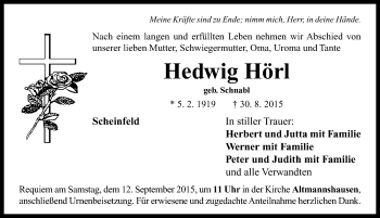 Traueranzeige von Hedwig Hörl von Neustadt/ Scheinfeld/ Uffenheim