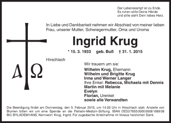 Traueranzeige von Ingrid Krug von Ansbach