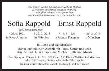 Traueranzeige von Sofia und Ernst Rappold von Ansbach