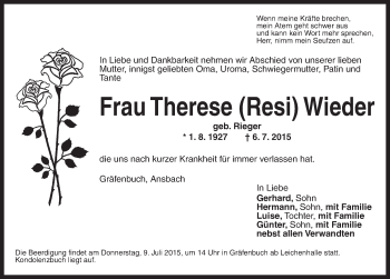 Traueranzeige von Therese  Wieder von Ansbach