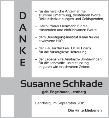 Traueranzeige von Susanne Schkade von Ansbach