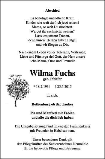 Traueranzeige von Wilma Fuchs von Rothenburg