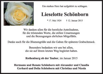 Traueranzeige von Lieselotte Schönborn von Rothenburg