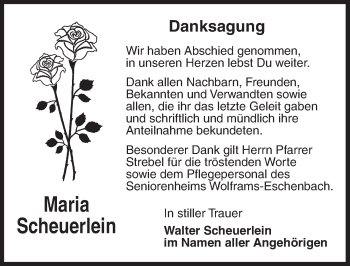 Traueranzeige von Maria Scheuerlein von Ansbach