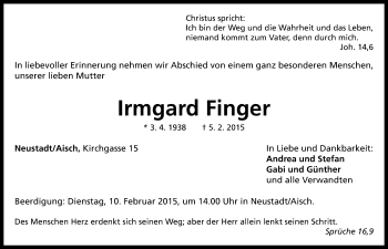 Traueranzeige von Irmgard Finger von Neustadt/ Scheinfeld/ Uffenheim