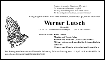 Traueranzeige von Werner Lutsch von Neustadt/ Scheinfeld/ Uffenheim