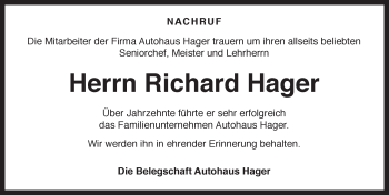 Traueranzeige von Richard Hager von Neustadt/ Scheinfeld/ Uffenheim